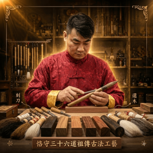 師傅在工作坊內以三十六道祖傳古法，細心挑選木料製作胎毛筆與童筆，展現工藝傳承。